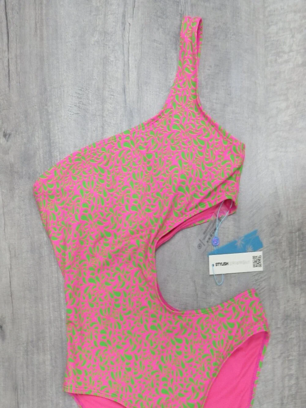 STYLISH SWIMWEAR ONE SHOULDER CUT OUT BATHING SWIM SUIT WOMEN M PINK GREEN
